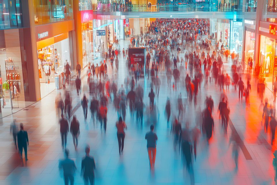 view from upper level of shoppers walking and shopping in busy retail shopping mall