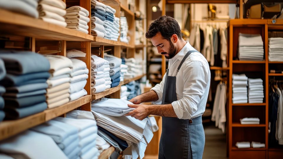 male retail apparel store sales assistant straightening inventory on sales display shelves