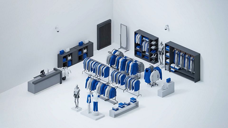3d illustration of the interior of a retail apparel store with clothesracks shelves security and cashwrap